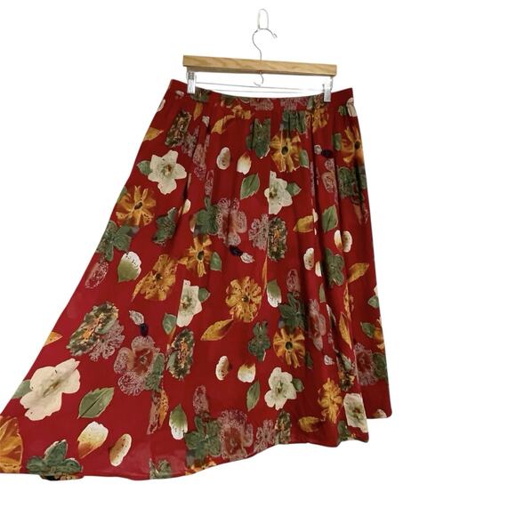 La Cera Reversible Floral Midi Skirt Size L Red Black Watercolor Flowy India - Picture 3 of 11